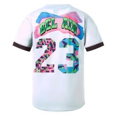 90s Bel Air Baseball Jersey Outfit for Party and Daily Sporty Multicolor Graphic Print Jersey, White Graphic Print Jersey For Streetwear, Streetwear Jersey With Letter Print And Crew Neck, Streetwear Letter Print Jersey With Crew Neck, Crew Neck Jersey With Letter Print For Streetwear, Crew Neck Letter Print Jersey For Streetwear, Casual Streetwear Jersey With Graphic Print, Moisture-wicking Crew Neck Baseball Jersey For Streetwear, Throwback Streetwear Jersey With Letter Print