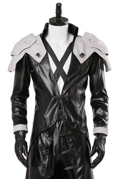 a black and white leather suit on a mannequin