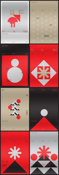 a series of red and white images with different shapes on them, all in different colors