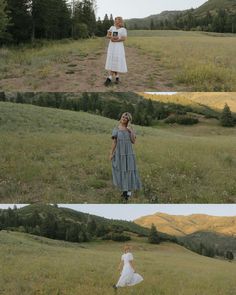 the woman is wearing a white dress and standing in a field with mountains behind her