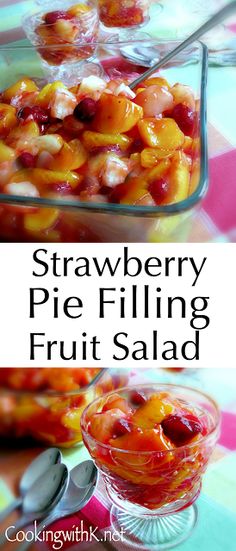 strawberry pie filling fruit salad in a glass dish with spoons on the side and title overlay