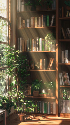 a bookshelf filled with lots of books next to a window covered in plants