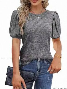 Round Neck Bubble Sleeve Brushed Texture Solid Color Short Sleeve Top Round Neck Shirt, Bubble Sleeve, Sleeves Clothing, Deep Gray, Slim Fit Shorts, Color Shorts, Solid Tops, Neck Shirt