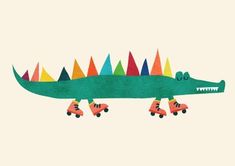 an illustration of a crocodile riding roller skates