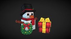 a snowman with a hat and scarf next to a christmas present box on a black background