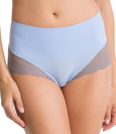 From Spanx&#x2C; this panty features:non-show lace fabrication elastic-free edgescomfortable smoothing at the bonded waistbandbody & lace of nylon/spandex; gusset of cottonmachine washImported. Stretch Lace Shapewear With Lace Trim, Shaping Brief Bottoms With Lace Trim, Full Coverage Lace Shapewear Bottoms, Seamless Full Coverage Lace Bottoms, Stretch Lace Shapewear Bottoms, Lace Stretch Shapewear Bottoms, Fitted Lace Trim Nylon Bottoms, Lace Shapewear Bottoms With Full Coverage, Fitted Nylon Bottoms With Lace Trim