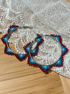 Hand beaded hoop earrings.  Hinge closure. Hoop measures approximately 2" wide. Ladder Stitch Hoop Earrings, Adjustable Small Beaded Hoop Earrings, Diy Earrings Materials, Hoop Earrings Diy, Native Earrings, Beaded Patterns, Beaded Items, Earrings Patterns, Statement Hoop Earrings