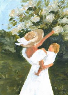 a painting of two women in white dresses and straw hats, one holding a bouquet of flowers