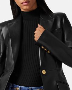 Leather Blazer Black | Versace US Woman Tshirt, Collar T Shirt, Designer Jackets, Collar Tshirt, Ladies Tee Shirts, Matches Fashion, Leather Sleeve, Blazer Fashion, Lovers And Friends