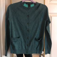 Brand New Without Tags Marc Jacobs Cardigan. Never Worn And Brand New. Merino And Nylon Blend. Stunning Teal Color With Aqua Grosgrain Trim. Two Pockets. Size Xs And True To Size Green Cotton Cardigan For Workwear, Green Crew Neck Cardigan For Work, Fitted Cotton Cardigan With Pockets, Teal Color, Teal Colors, Marc By Marc Jacobs, Marc Jacobs, Blue Green, Sweaters For Women