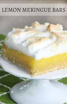 lemon meringue bars on a white plate with the words lemon meringue bars above it