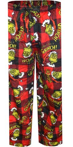 Perfect for the Dr. Seuss Fan, these cozy lounge pants for men feature an all-over print of everyone's favorite Dr. Seuss Christmas character, The Grinch, on a playful red buffalo plaid background. Wording states 'Dont Be A Grinch'. These soft warm, plush pants feature a drawstring and elastic waist, open fly and two side pockets. Buffalo Plaid Background, Dr Seuss Christmas, Mens Pyjama Bottoms, Christmas Pj Pants, Plush Pants, Plaid Background, Christmas Pj, Red Pajamas, Matching Pjs