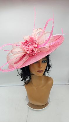 Large beautiful sinamay saucer fascinator with pink flowers.  Very light weight and delicately beautiful. Attached to a headband for a secured look.  Sinamay Pink Wedding Fascinator Bridesmaids Hat Kentucky Derby Cocktail Party Tea Party Guest Easter Kate Middleton -  - Lightweight  - Ready to ship - Fast Shipping - Free Shipping - Group discount available - Customize by adding different color flowers and or feathers CHECK OUT MY STORE FOR OTHER STYLES & COLORS: etsy.com/shop/Hatsandpearls Find Summer Party Hats With Flower Shape, Flower-shaped Summer Party Hat, Flower Shaped Summer Party Hats, Pink Fascinator With Handmade Flowers For Races, Summer Floral Fascinator For Races, Handmade Flowers Fascinator For Summer Races, Pink Flower Fascinator For Wedding, Pink Flower Fascinator For Kentucky Derby, Flower Shaped Fascinator For Kentucky Derby Church Events