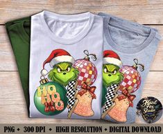 three christmas shirts with the grin's on them, one is wearing a santa hat