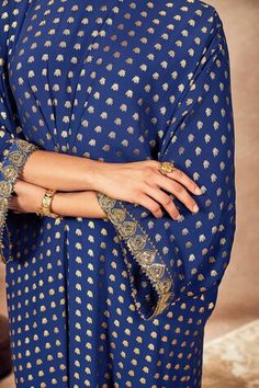 Blue kaftan featuring palmscape printed motifs, embroidered sequined borders, kinari detail, front gathers and side slits. - Aza Fashions Festive Blue Kaftan With Dupatta, Blue Kaftan With Zari Work For Diwali, Blue Zari Work Kaftan For Diwali, Blue Kaftan With Dupatta For Festivals, Festival Blue Kaftan With Dupatta, Blue Kaftan For Diwali, Festive Motifs Kaftan, Festive Blue Traditional Drape Kaftan, Festive Blue Kaftan With Kimono Sleeves