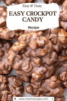 easy and tasty chocolate crockpot candy recipe on a white plate with text overlay