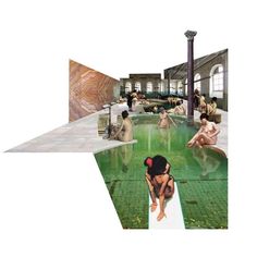 people are sitting in the middle of an indoor swimming pool with green tiles on the floor