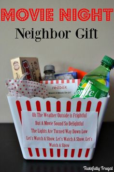 a movie night neighbor gift basket filled with movies and drinks for the kids to play in