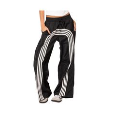 in stock Sporty Spring Activewear With Side Stripes, Casual Striped Bottoms For Streetwear, Casual Wide Leg Sweatpants With Three Stripes, Striped Sporty Bottoms For Sports, Sporty Striped Sports Bottoms, Sporty Striped Bottoms For Sports, Casual Sweatpants With Three Stripes, Casual Pants With Contrast Stripes For Streetwear, Streetwear Wide Leg Bottoms With Three Stripes