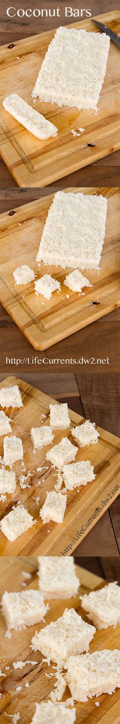 the process for making coconut bars is shown in three different stages, including being cut into squares