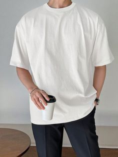 White Casual Collar Short Sleeve Fabric Plain  Embellished Slight Stretch  Men Clothing White T Shirt Men Outfits, Plain White Shirt Outfit Men, Plain White Tee Outfit Men, Plain White T Shirt Outfit Men, Plain Tshirt Outfit Men, White Tshirt Outfit For Men, White T Shirt Outfit Men, Plain Tshirt Outfit, Oversized Tshirt Outfit Men