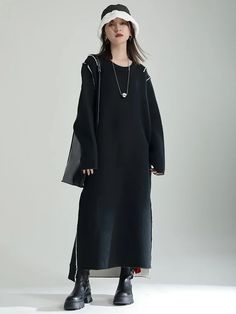 Casual Long Sleeves Loose Solid Color Round-Neck Sweater Dresses Oversized Long Black Dress, Black Oversized Long Dresses, Casual Oversized Black Sweater Dress, Casual Long Black Sweater Dress, Black Long Casual Sweater Dress, Long Black Casual Sweater Dress, Casual Black Sweater Dress For Fall, Black Oversized Crew Neck Dress, Oversized Black Dress With Crew Neck