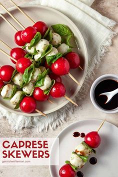 a plate with skewers filled with cherry tomatoes and mozzarella on top