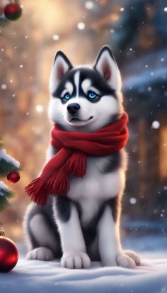 a husky dog wearing a red scarf sitting in the snow next to a christmas tree