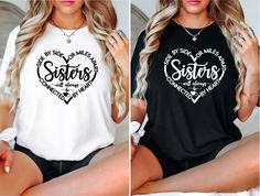 Sisters Will Always Be Connected By Heart Shirt, Sisters Heart T-Shirt, Sister Love Tee, Best Sisters Shirts, Sisters Trip T-Shirts, Sibling Each item is sold separately! 🕕Production Time 1 business day🕕   ---𝗛𝗢𝗪 𝗧𝗢 𝗢𝗥𝗗𝗘𝗥  ⬅️ * Please review all the information provided in the description and listing images. * Select the shirt type and size using the drop-down menu. * Select the color of the shirt using the following drop-down menu.  *Your shirts will be ready to ship in 1-2 Business Days.  *Please message me if you have a rush order and need your shirts quickly. ---MATERIAL-- * The unisex t-shirts are true-to-size shirts. Shirts are a relaxed fit so it is suggested for women can order one size smaller for a further slim fit. *Solid colors are %100 cottons. * Taped shoulder-to- Sisters T Shirts, Sister T Shirts Ideas, Sister Shirts For Adults, Sisters Shirts, Family Shirt Design, Sisters Trip, Spiritual Shirts, Sisters By Heart, Sister Tshirts