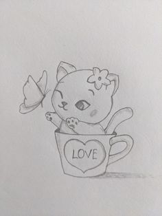 a drawing of a cat sitting in a cup with the word love written on it