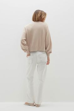 Women's Maude Casual Crewneck Sweater | NakedCashmere Casual Stretch Cardigan With Ribbed Cuffs, Cozy Fit Soft Knit Crew Neck Sweatshirt, Casual Beige Cashmere Sweater, Fall Cropped Sweater With Ribbed Neckline For Loungewear, White Relaxed Fit Cashmere Sweater, Crew Neck Cropped Sweater With Ribbed Cuffs For Fall, Fall Cropped Sweater With Ribbed Crew Neck, Fall Cropped Crew Neck Sweater With Ribbed Neckline, Fall Cropped Cotton Sweater With Ribbed Neckline