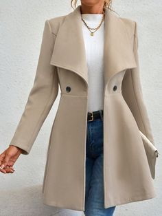 Caqui Elegante Collar manga larga Tela tricotada Liso Normal Embellished No-Elástico Oversized Pea Coat, Normal Body, Elegant Coats, Long Sleeve Coat, Longline Coat, Women Overcoat, Button Up Long Sleeve, Long Sleeves Coats, Moda Vintage