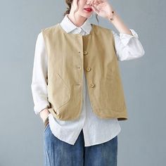 Sku CY-!119307 Material Cotton Style Literary Feature Solid Color Neckline Round Occasion Going out , Casual , Vintage Seasons Spring, Summer, Autumn Type Shirt Color Black, Khaki, White, Green Size M, L, XL, 2XL Size Chart: Please consult the size chart we provide for this item's measurements to help you decide which size to buy. Please note: There may be 1-3cm differ due to manual measurement. CM Bust Shoulder Length M 116 38 55 L 120 39 56 XL 124 40 57 2XL 128 41 58 Khaki Cotton Vest Top, Casual Beige Vest With Buttons, Beige Casual Vest With Buttons, Shoulder Length, Cotton Style, White Green, Shirt Color, Wardrobe Essentials, Chef's Jackets