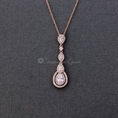 Vintage CZ Pendant Necklace in Rose Gold Formal Rose Gold Teardrop Drop Necklace, Elegant Rose Gold Teardrop Pendant Drop Necklace, Cubic Zirconia Teardrop Pendant Drop Necklace For Party, Cubic Zirconia Teardrop Pendant Necklace For Parties, Rose Gold Teardrop Drop Necklace For Wedding, Wedding Rose Gold Teardrop Drop Necklace, Beach Wedding Earrings, White Gold Pendant Necklace, Gold Bar Earrings