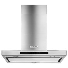 a stainless steel range hood with two exhaust fans on the top and bottom, in front of