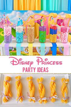 princess party ideas with candy and candies on the table for kids's birthday