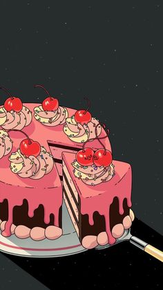 a pink cake with cherries on top and one slice cut out from the cake