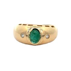 Vintage 18k Yellow Gold Oval Cabochon Emerald w/ Diamond  Accents Polished Dome Cocktail Ring Item Details Material: 17k-18k Yellow Gold Weight: 7.68 Grams Stone(s): (1) Natural Genuine Emerald - Oval Cabochon Cut - Bezel Set - Light to Medium Green Color - 6.7x5mm (approx.) - 0.85ct (approx.) (2) Natural Genuine Diamonds - Round Brilliant Cut - Burnish Set - H Color - SI1 Clarity - 0.06ctw (approx.) Ring Size: 7.0 (fitted on finger, please contact us prior to purchase for sizing inquiries.) Ring Width: 10.7 mm (0.42") (top of the ring - north to south), 3.9mm (bottom of the shank) Ring Height: 7.18mm rise off the finger Condition: Vintage ring in excellent condition! Stock Number: JO-23045231-UNC-EY Size and Weight Comparison Info Object: Quarter Penny Dime Diameter: 24.25mm 19.10mm 17.90