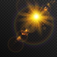 the sun shines brightly on a dark background, with lens flares and glare