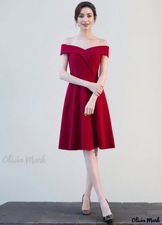 Olivia Mark - Bridal Off-Shoulder Engagement Evening Dress with Slim Fit Skirt Wedding Dress, Burgundy Shorts, Deep V Neck Dress, Wedding Dress Styles, Dress Styles, V Neck Dress, A Line Skirt, Deep V Neck, A Line Skirts