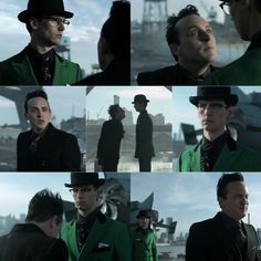 multiple shots of men in green coats and top hats on the set of mad world