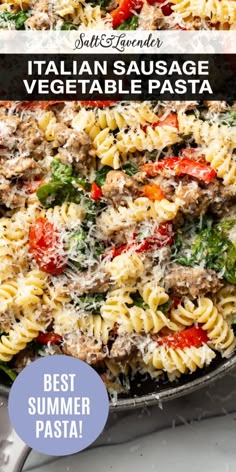 a skillet filled with pasta, meat and veggies is shown in front of the words italian sausage vegetable pasta