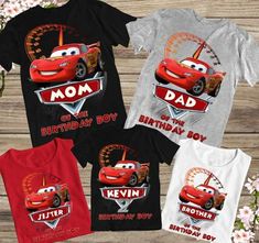 three t - shirts with cars on them and the words'mom, dad, birthday boy