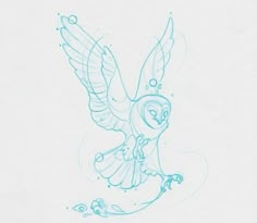 a drawing of an owl flying with its wings spread out and eyes closed, in blue ink