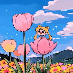 a cartoon bear sitting on top of a pink flower in the middle of a field