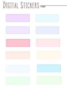 the digital stickers are lined up in different colors and sizes, including pinks, blue