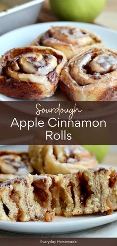 some cinnamon rolls on a white plate with apples in the background and text overlay that reads sourdough apple cinnamon rolls