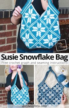 a woman holding up a blue bag with white flowers on it and the words suzie snowflake bag written in large letters