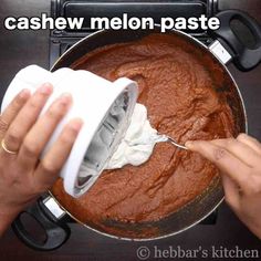 a person using a blender to mix something in a pot with the words cashew melon paste on it