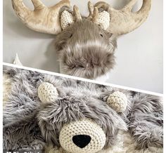 a stuffed animal that is next to a fake moose's head on a wall